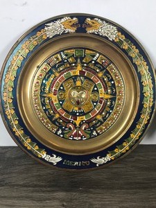 lot 100 image: 2 - Mayan Brass Embossed Hand Painted Wall Plate Calendar Mexico Aztec Maya