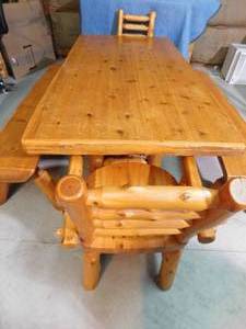 lot 5 image: Knotty pine table with 2 chairs and 2 benches