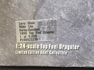 lot 465 image: 1999 NHRA Mac Tools Collectors Club Larry Dixon Miller Lite  Harley Davidson 124 scale die cast top fuel dragster