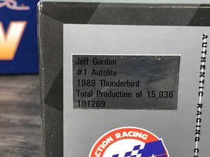 lot 478 image: 2002 Nascar Action Racing Collectibles 1989 Thunderbird Jeff Gordon #1  Autolite 124 scale die cast stock car