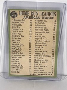 lot 492 image: 1967 Topps American League 1966 Home Run Leaders Frank Robinson  Harmon Killebrew  Boog Powell Baseball Card #243