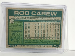 lot 501 image: 1977 Topps Minnesota Twins Rod Carew A.L. All Stars #120 Baseball Card