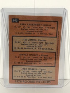 lot 502 image: 1978 Topps #703 Rookie Pitchers w Jack Morris Detroit Tigers Baseball Card