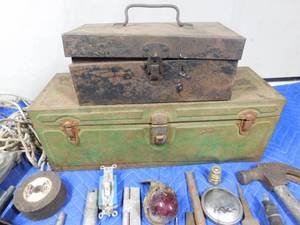lot 251 image: Vintage tools, 2 vintage tool boxes, vintage auto parts and tent stakes
