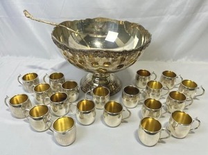 Vintage F.B. Rogers Silver Plate Regency Style Shell and Grape Punch Bowl with 20 Cups and Ladle