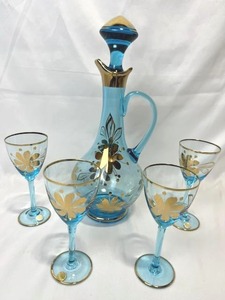Vintage Romania Hand Blown Teal Blue Decanter and 4 Cordial Glasses