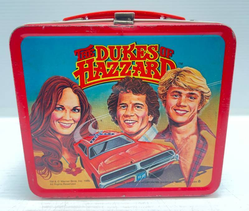 lot 22 image: 1980 Aladdin (Dukes Of Hazzard) Embossed Metal Lunchbox & Thermos