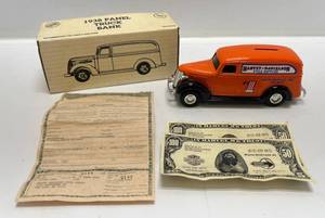 lot 150 image: Vintage Ertl Die-Cast 1938 Panel Truck Bank (Harvey Daneilson Cycle Supplie) NIB