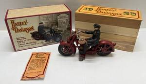 lot 153 image: 1996 Xonex Harley -Davidson Cast Iron Red Motorcycle & Rider 1928 Replica Wooden Crate NIB