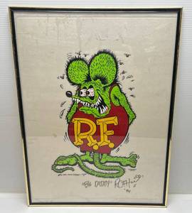 lot 168 image: 1990 (VERY RARE) Original Rat Fink Shirts Test Print Pellon Autographed By Ed Big Daddy Roth 18 x 24 Frame (Will Not See Another)
