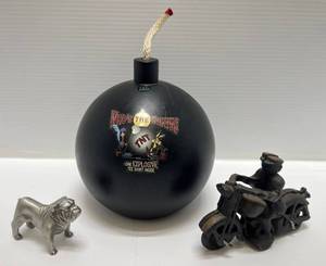 lot 209 image: Vintage Cast Iron Motorcycle, Metal Bulldog & More