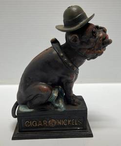 lot 226 image: VIntage Ole Puffer Heavy Cast-Iron Mechanical Bank With Cigar Advertisement 8 12T