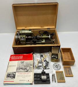 lot 236 image: 1960s Unimat-SL DB 200 Mini Lathe In Wood Case With Extras (WORKS)