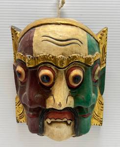 lot 237 image: Vintage Wooden Mask Three Face Bali Barong Devil Mask Multi Colored Made In India