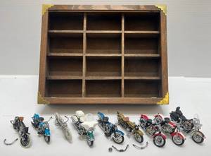 lot 249 image: Wood Display Case With 9 Miniature Diecast Motorcycles (Some Missing Parts & Some Need Repair)
