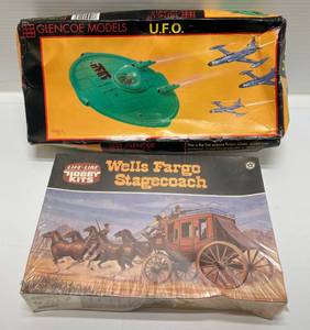 lot 119 image: Vintage Glencoe 148 Scale Model UFO Kit (Opened Complete) & Life Like Hobby Kits Wells Fargo Stagecoach (Factory Sealed)