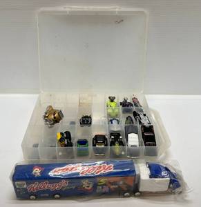 lot 125 image: Misc. Die-Cast Cars In Carrying Case & Kelloggs Racing Semi Truck
