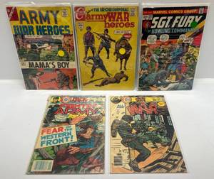 lot 323 image: Misc. Comics Including 12 Cent Army War Heros And More (In Protecive Sleeves On Card)