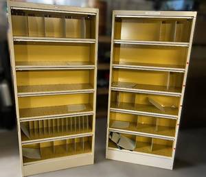 lot 1 image: MSRP $4000 Lot of 2 High Quality TAB Metal 6-Shelf Lateral Filing Document Storage Cabinet with Flip Top Retractable Doors - Original Color Was Yellow and Has Been Painted Beige - Good Working Condition