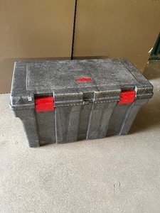lot 18 image: Rubbermaid Extra Large Supply Storage Tool Tackle Box - Wheels On One Side With Foam Inserts 35x20x17 - Good Condition with Scuffs On The Outside