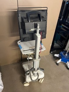 lot 39 image: Humanscale Healthcare Point of Care Sit To Stand Cart Mobile Standing Desk with Polycom Monitor (Works) - Good Used Condition - Needs Clean Up  Battery Untested