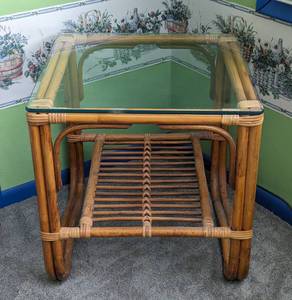 lot 13 image: Vintage Glass Topped Rattan Side Table