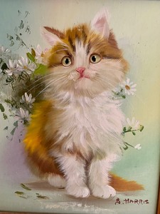lot 214 image: Beautiful Vintage Cat Original Oil Framed Painting by B. Harris