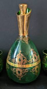 lot 32 image: Vintage Bohemian Gold Painted Green Glass Decanter and Glasses