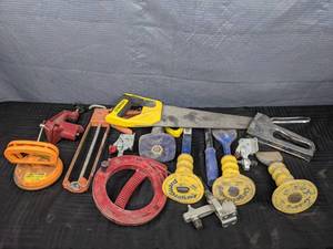 Assorted Tools and Accessories - Stanley Hand Saw, Chisels with TargetGuard Tool Handles, Suction Cup, 25 Cable Snake, Staple Gun, and more