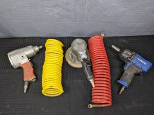 Kobalt 0.5-in 750-ft Air Impact Wrench, Ingersoll Rand Pneumatic Sander, Husky 12 Impact Wrench, (2) Coiled Air Hoses