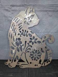 Metal Feline Silhouette Cutout with Floral and Leaf Pattern