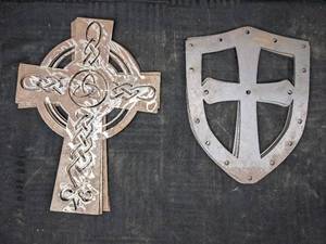 Collection of Cut Metal Wall Art Pieces 5 Celtic Knot Crosses & 3 Shields