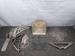 Set of Nine Metal Unbent Shelf Brackets, Metal Praying Hands, Metal Pet Sign and More