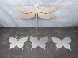Set of Three Metal Butterflies and Metal Dragonfly Art