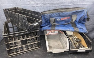 Assortment of Storage Bins (ULINE & Husky), Blue Bosch Bag & Box of Wheel Casters