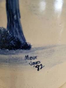 lot 10 image: Covered Cobalt Crock with Cape Cod Style Home. Signed Mickie Jones 82