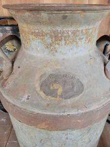 lot 18 image: Lot Farm Milk Can. Metal Measuring Can. Floral Tole Tin Tray. Iron Display Plant Stand.