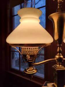 lot 31 image: Vintage Double Arm Brass Desk Lamp with Marble Base and Brass Eagle Finial.