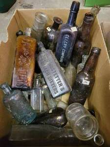 lot 66 image: 3 boxes of old Bottles. Bitters, Poison. Cures etc. See pictures.