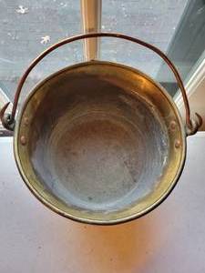 lot 96 image: Antique Brass Pail Bucket Milk Maple Syrup Ash H W Haydens Pat. 1861