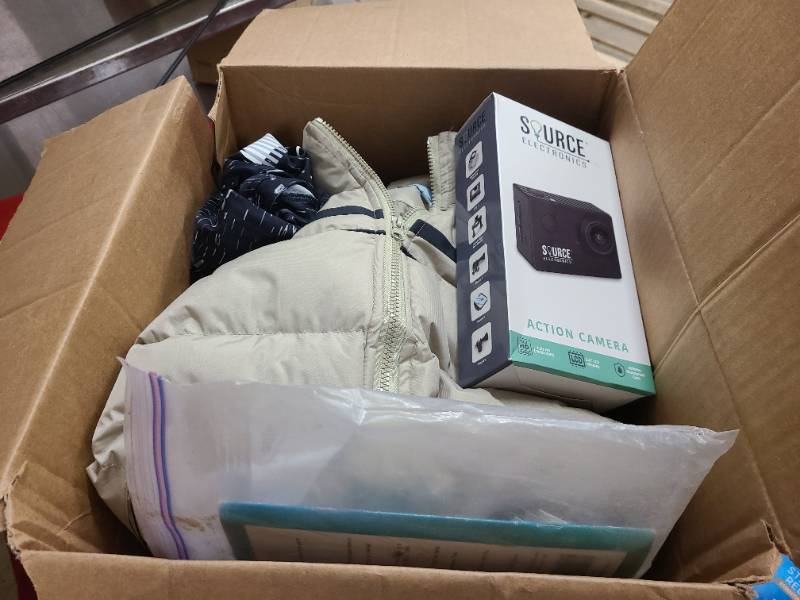 lot 244 image: MM Box of various household goods including a source action camera new in box