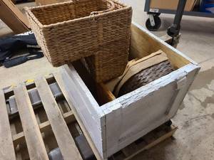 lot 175 image: JJ Wooden crate on wheels with wicker baskets inside