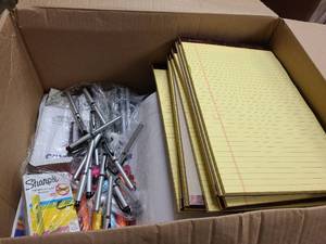 lot 195 image: LL Box of various office supplies, writing pads and markers
