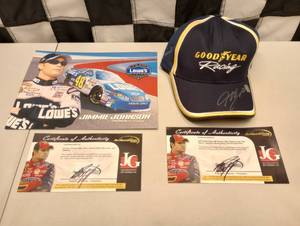 lot 537B image: Jeff Gordon Autographed Hat COA & Sample Jimmie Johnson Hero Card COA