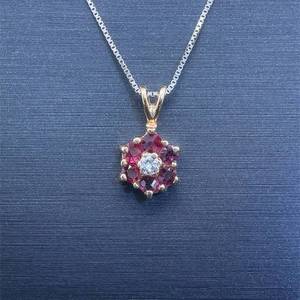 Ruby & Diamond Halo Drop Pendant in 14k Yellow Gold w Split Bail $550 Retail
