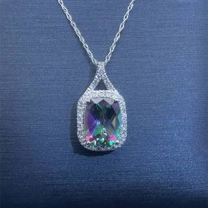 Mystic Topaz Checkerboard Cut & Diamond Halo Pendant Necklace in 14k White Gold $1850 Retail