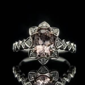 Brand New Champagne Pink Morganite Oval Solitaire & Diamond Petal Halo Flower Art Deco Style Ring in 14k Two-Tone White & Rose Gold $2650 Retail VIDEO