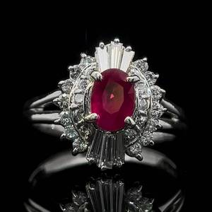 Estate Oval Natural Ruby Solitaire & Diamond Baguette & Round Brilliant Ballerina Cocktail Estate Ring in Platinum $3975 Retail VIDEO