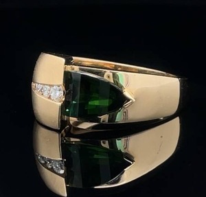 Fancy Faceted Rich Green Tourmaline Contemporary Half & Half Diamond Ring in 14k Yellow Gold - Luxurious Matte & Bright Shine Combination Finish $3,950 Retail