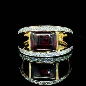 Sugarloaf Cut Garnet Cabochon & Diamond Pave Orbital 3D Double Shank Ring in 14k Yellow Gold $2,175 Retail